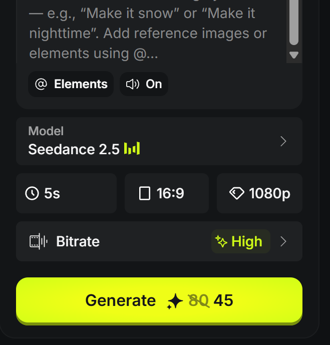 Higgsfield Seedance 2.5 settings showing 80 credits discounted to 45