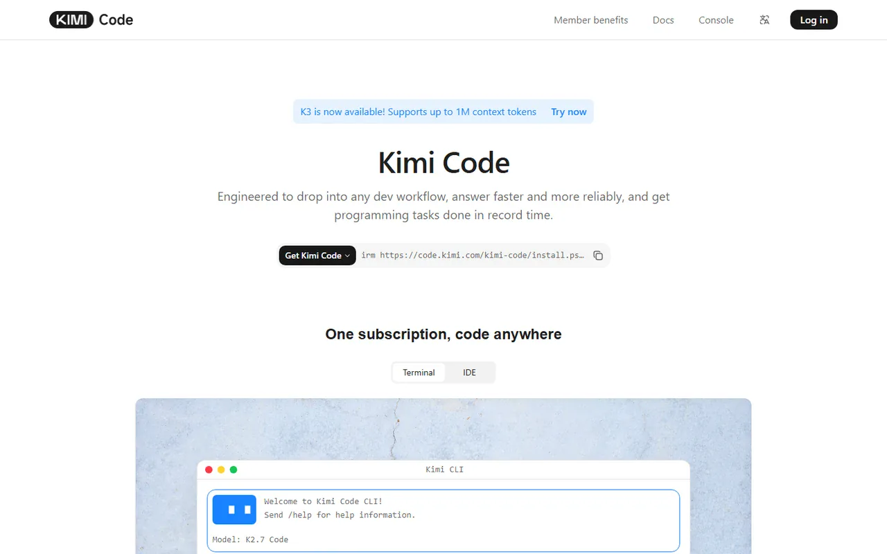 Official Kimi Code product page showing the coding agent and CLI entry