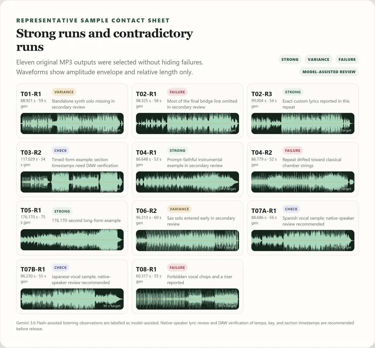 Waveform contact sheet for eleven representative Lyria 3 Pro outputs including strong, variable, and failed prompt-adherence examples