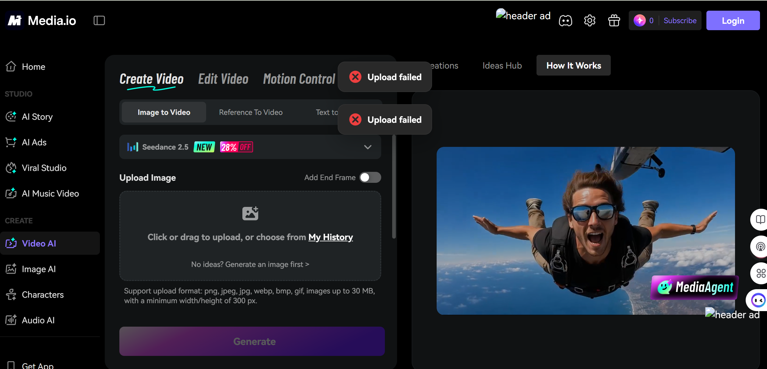 Media.io Seedance 2.5 image-to-video interface with upload failed errors