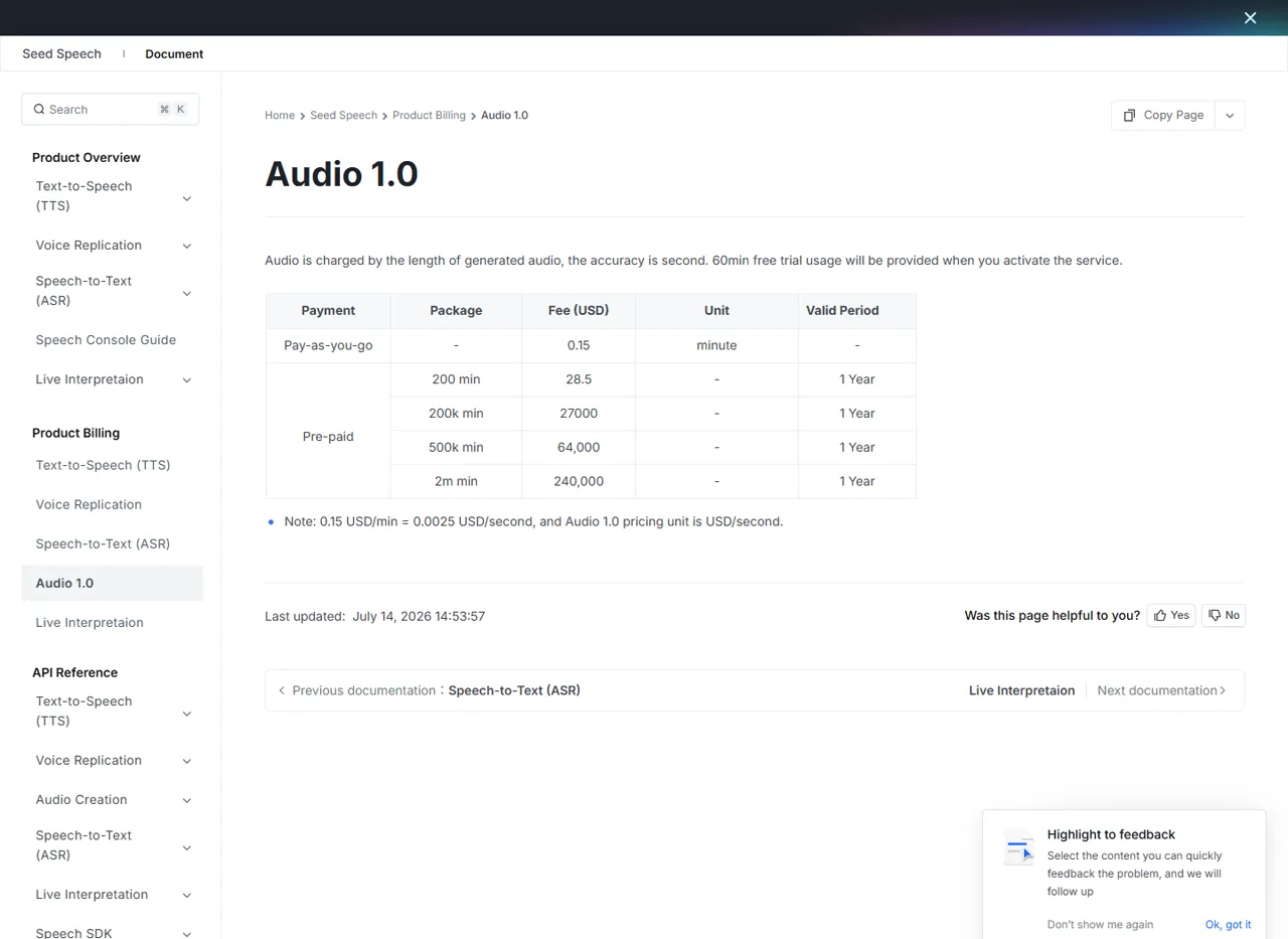 Official BytePlus Seed Audio pricing table