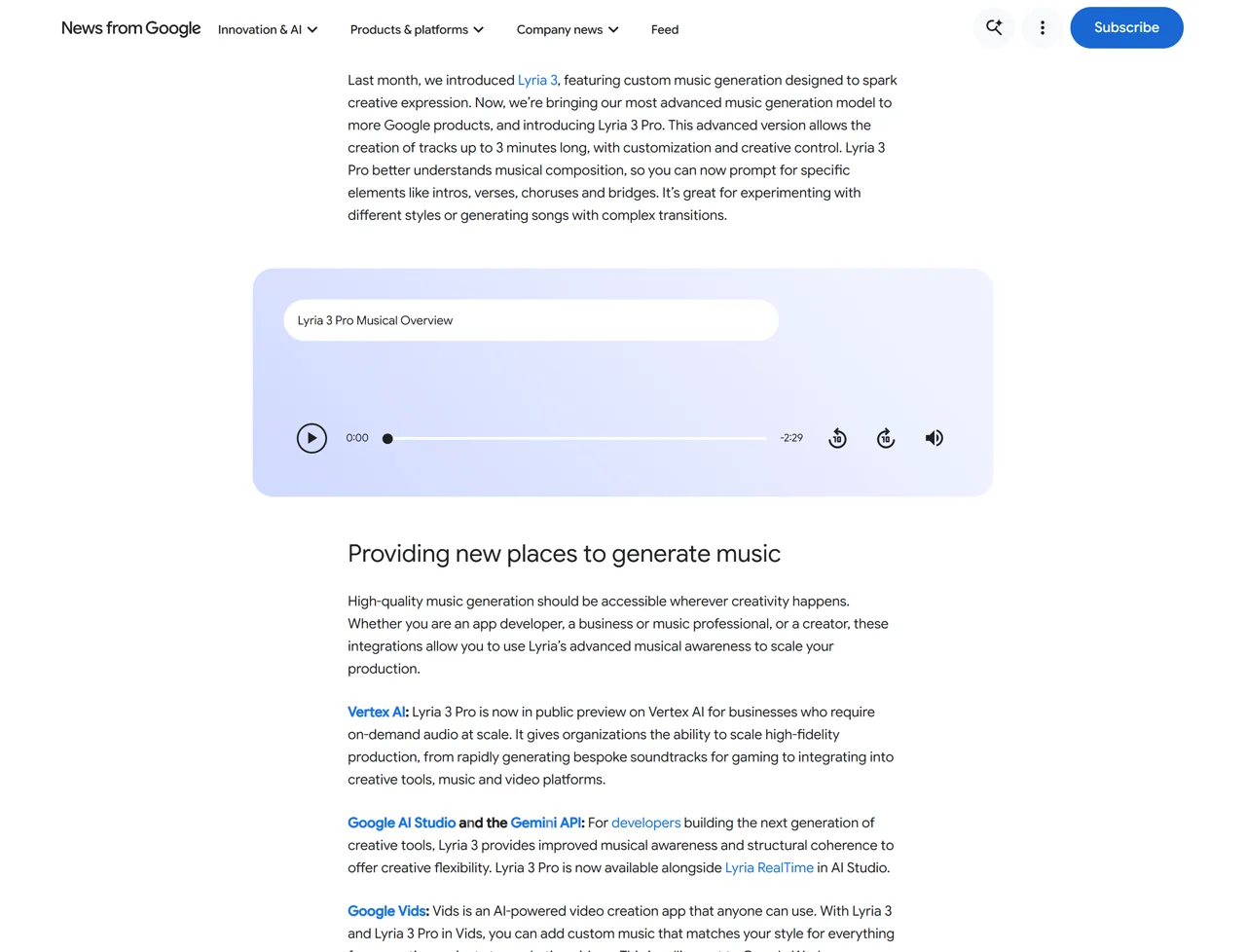Google announcement stating Lyria 3 Pro creates tracks up to three minutes with structural control