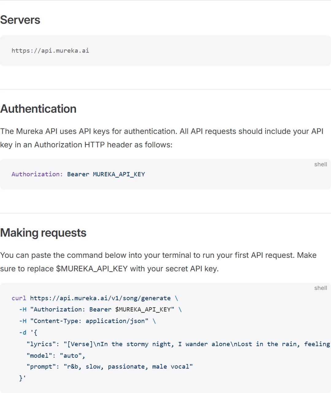Mureka API server Bearer authentication and first curl request