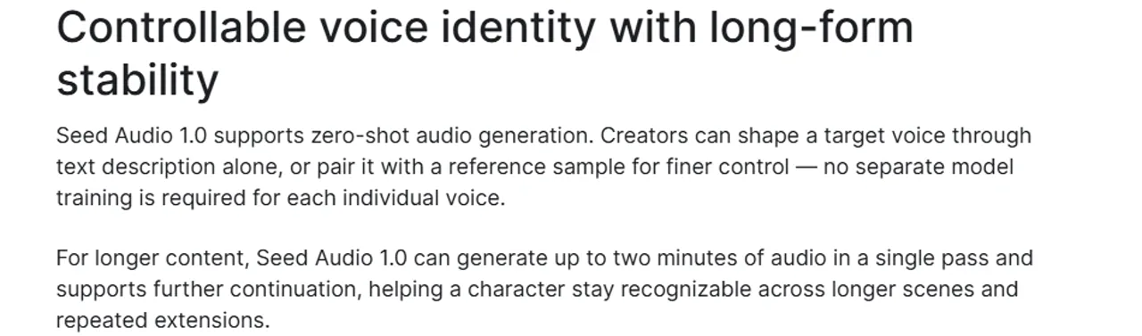 Official Seed Audio long-form stability and two-minute generation statement