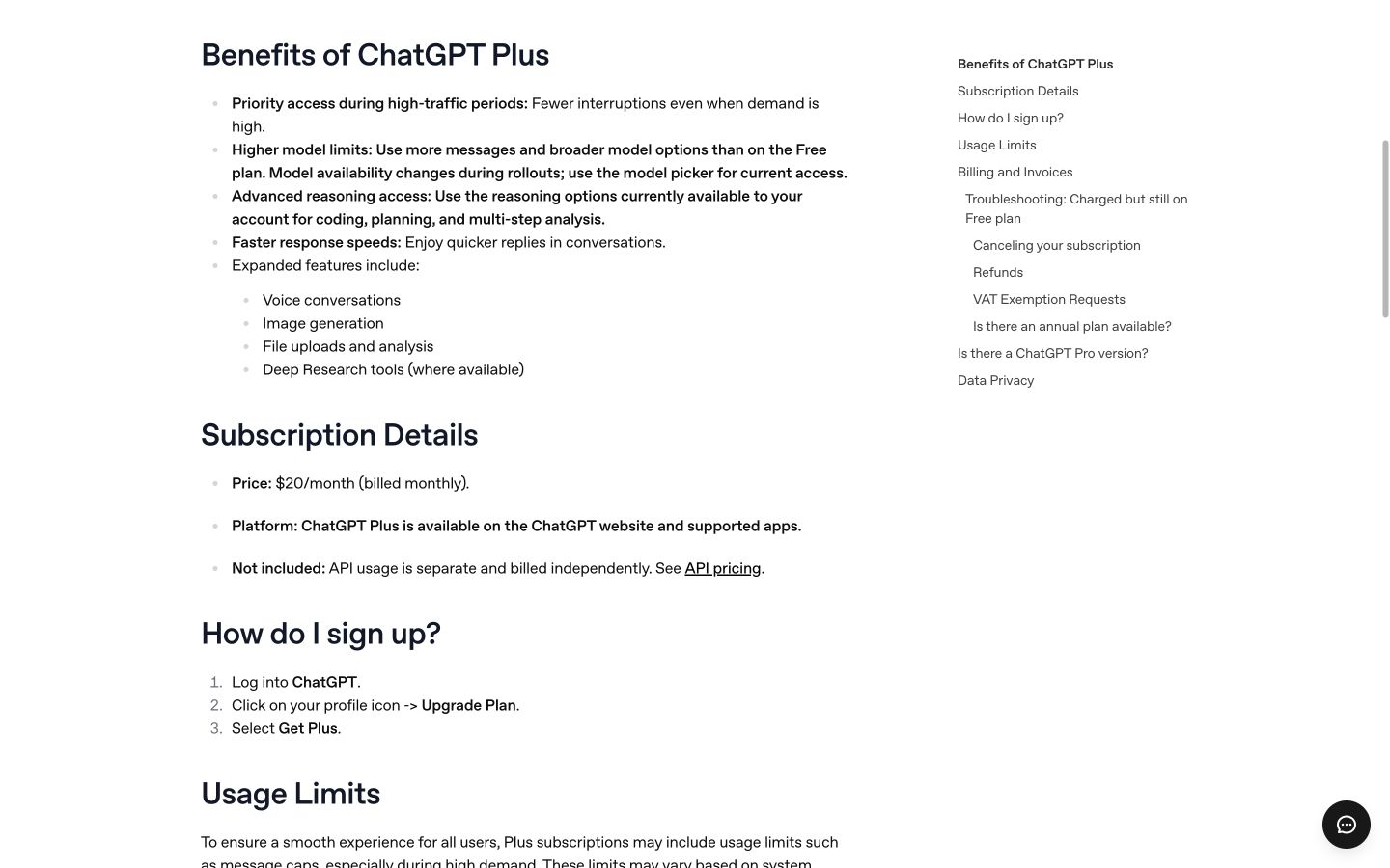 OpenAI 帮助:显示 ChatGPT Plus 的费用为每月 $20,并单独计费 API