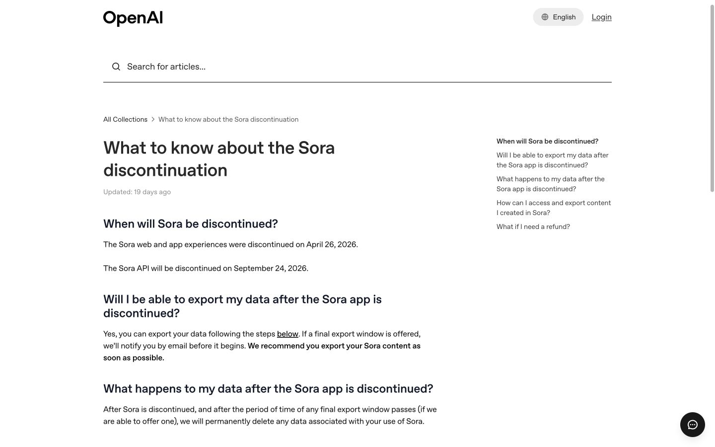 OpenAI 关于停用 Sora 网页、应用程序和 API 的帮助公告