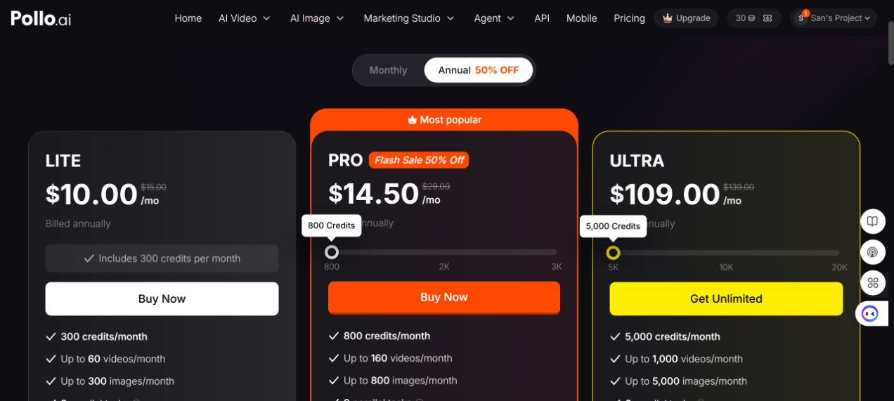 Fully loaded Pollo AI annual Lite Pro and Ultra price cards