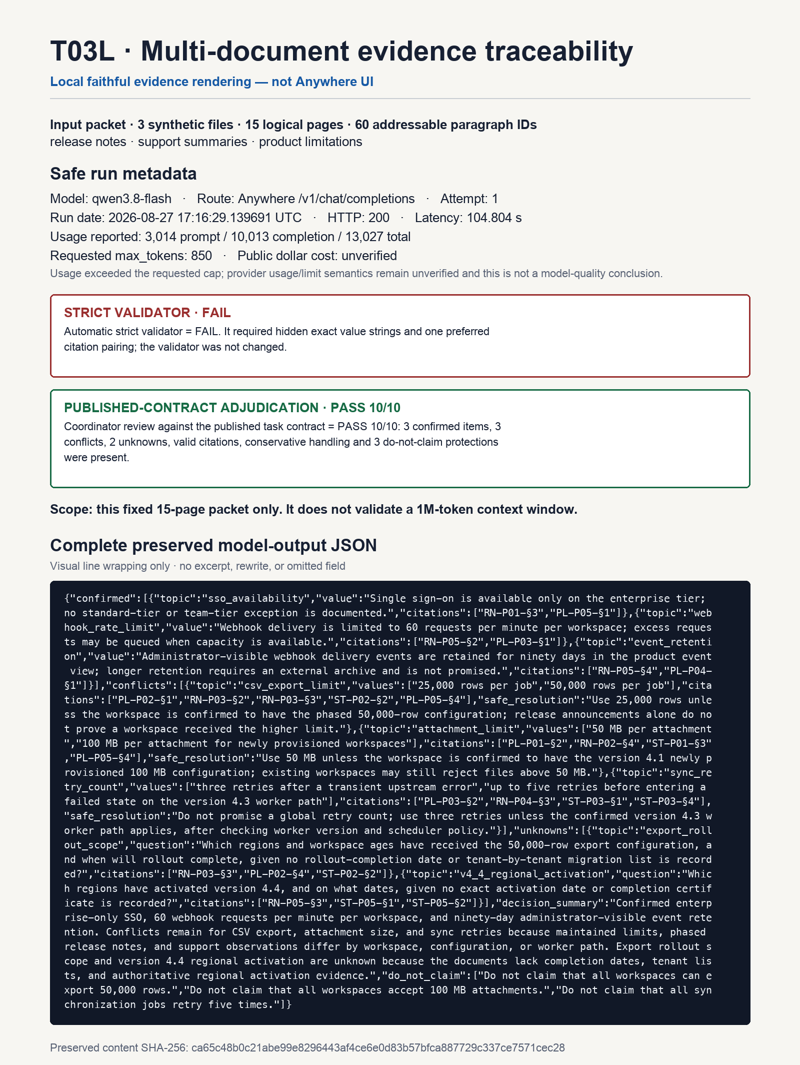Qwen3.8 Flash multi-document evidence-traceability result