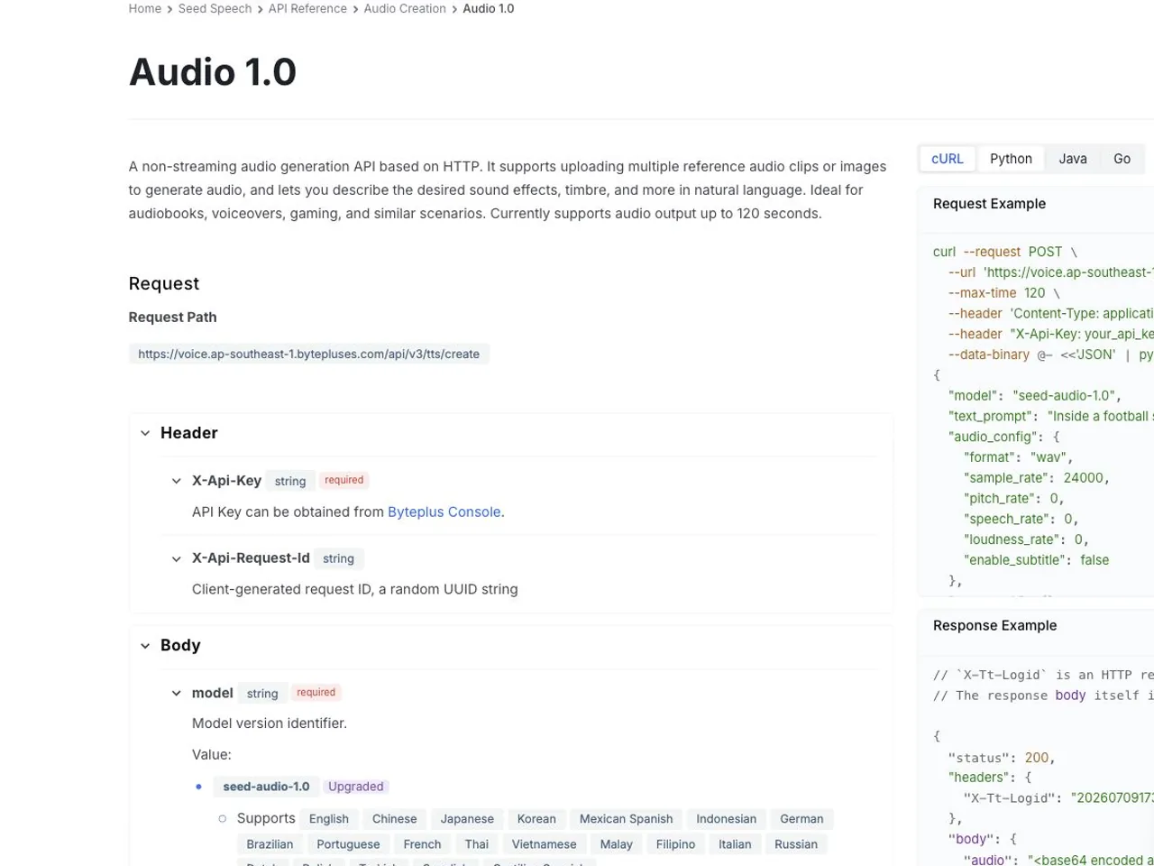 Documentation BytePlus présentant le parcours « Seed Audio 1.0 », les entrées de référence et la limite de 120 secondes