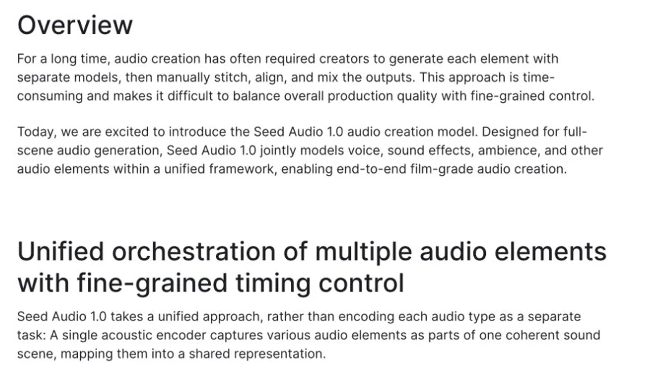 Présentation de ByteDance Seed illustrant les capacités de Seed Audio 1.0 en matière de voix, d'effets, d'ambiance sonore et d'orchestration pour des scènes complètes