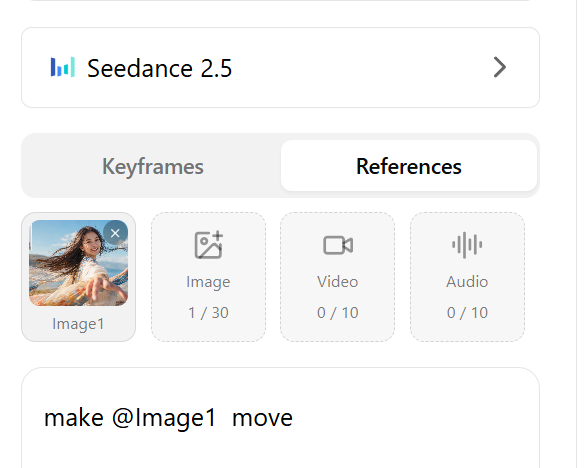 Seedance 2.5 References tab showing @Image1 anchored as the image reference for consistency
