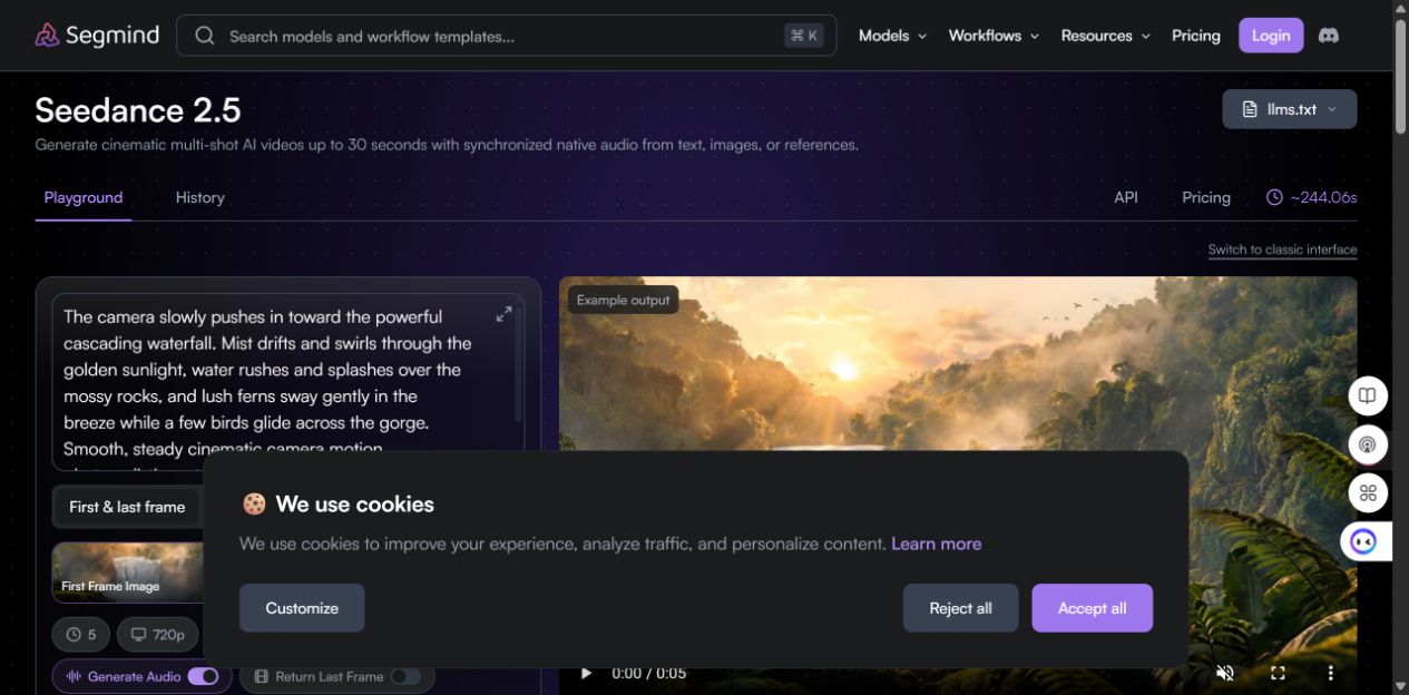 Segmind official Seedance 2.5 API playground and pricing tabs