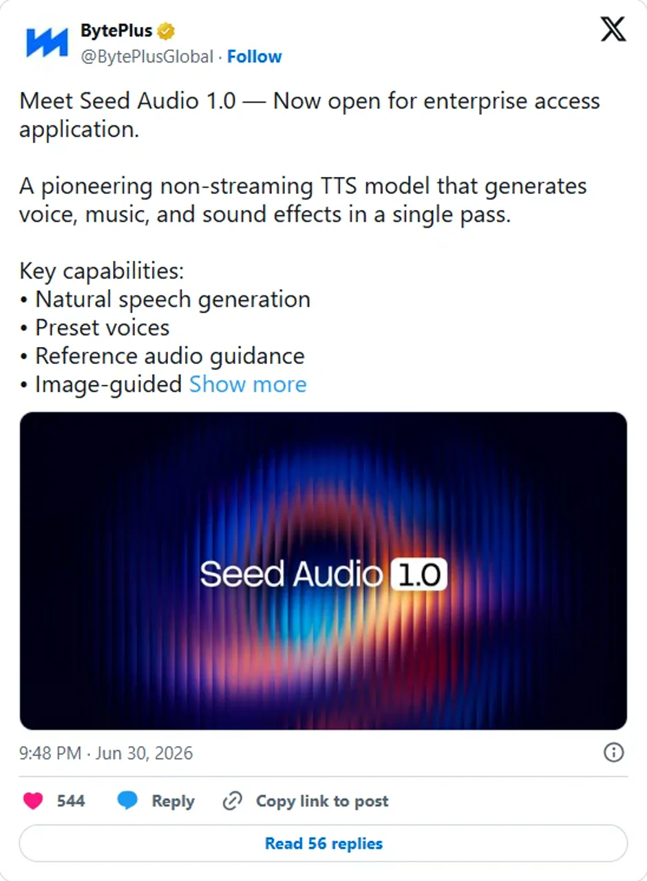 Complete BytePlus post describing one-pass voice, sound effect, and music generation