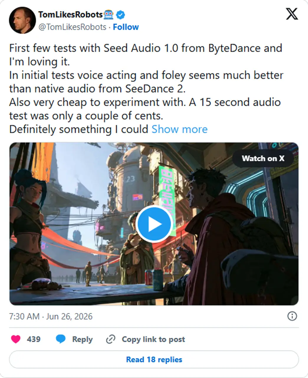 Community example discussing combined Seed Audio voice and Foley generation