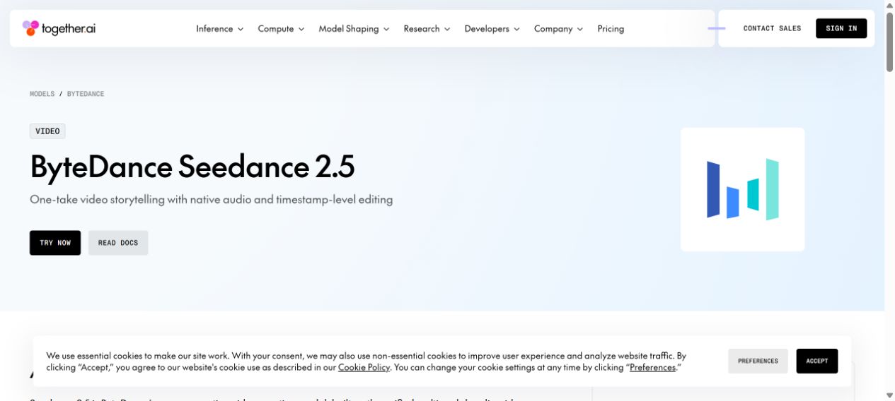 Together AI official Seedance 2.5 model page with serverless price