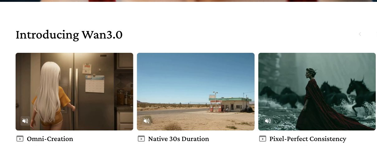 Wan official site showing standard Wan 3.0 native 30-second and omni-creation features