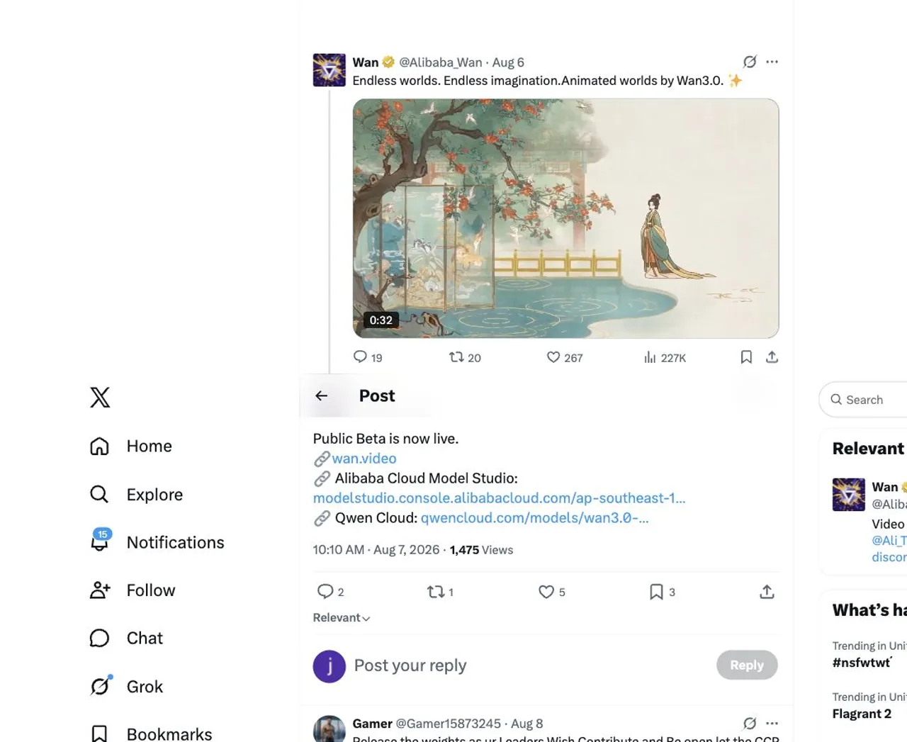 Wan official X post announcing that the Wan 3.0 public beta is live