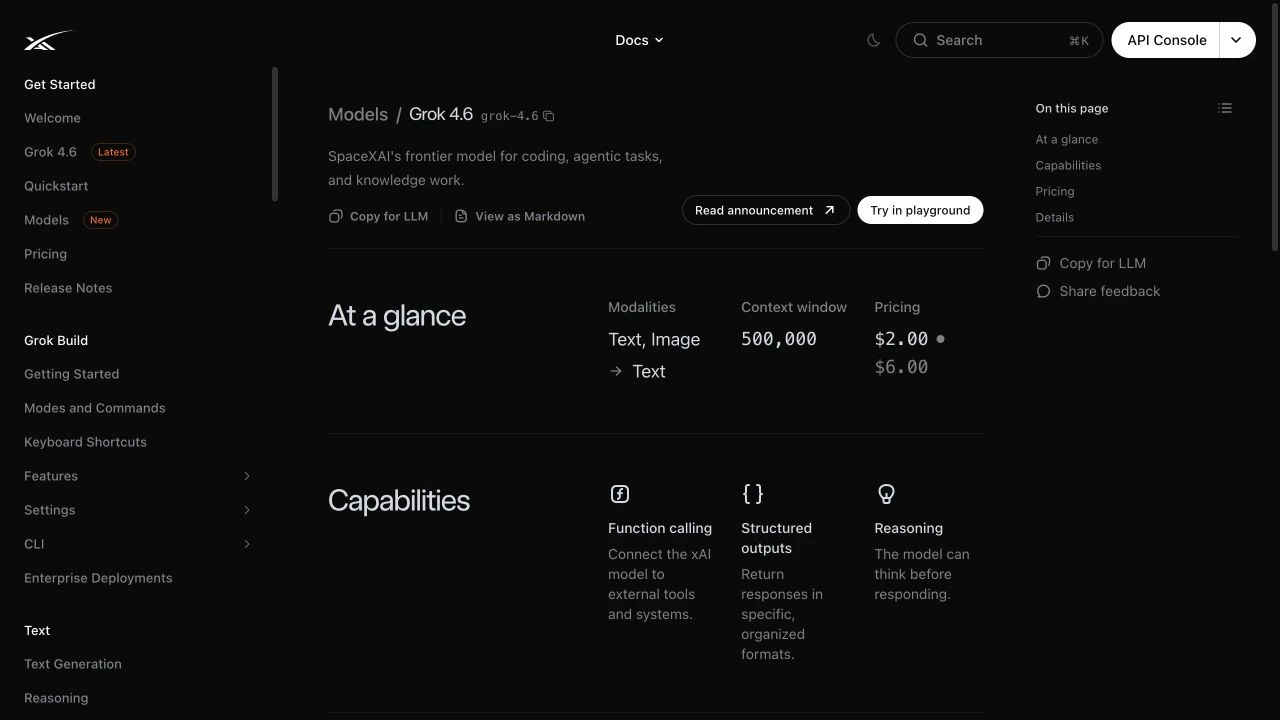 Official Grok 4.6 API model ID, context window and capabilities