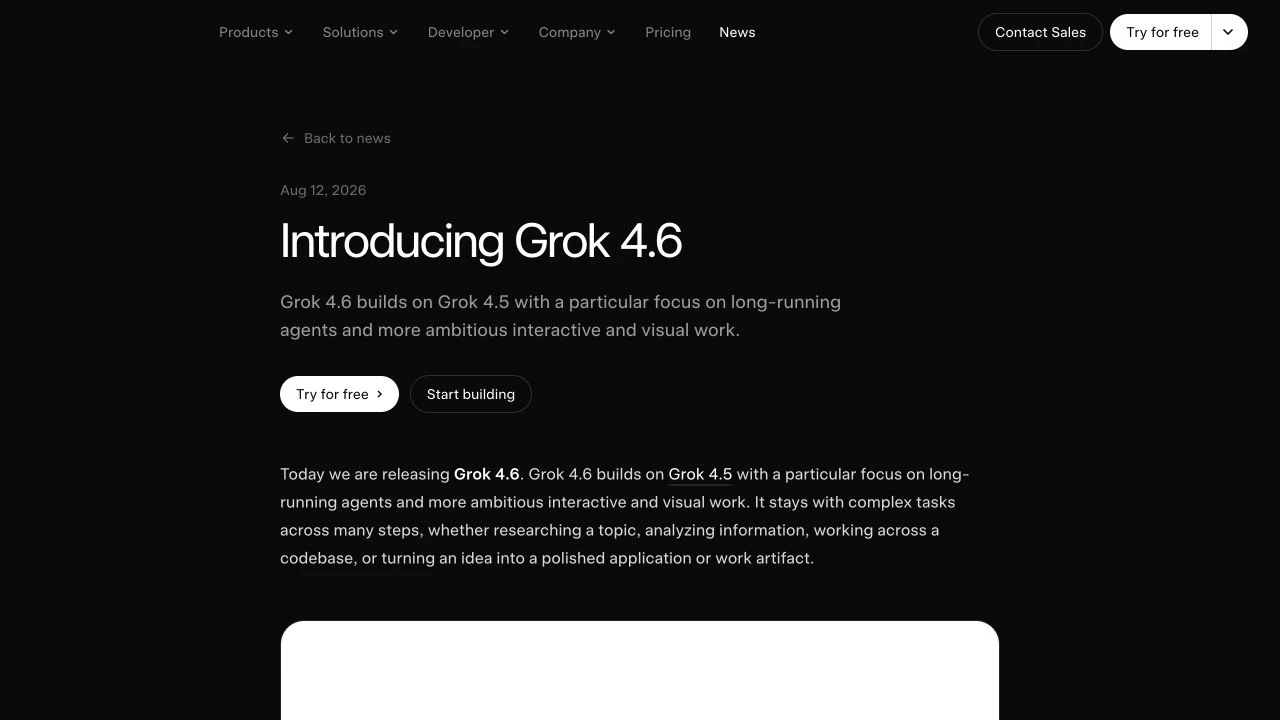Official Grok 4.6 release announcement dated August 12, 2026