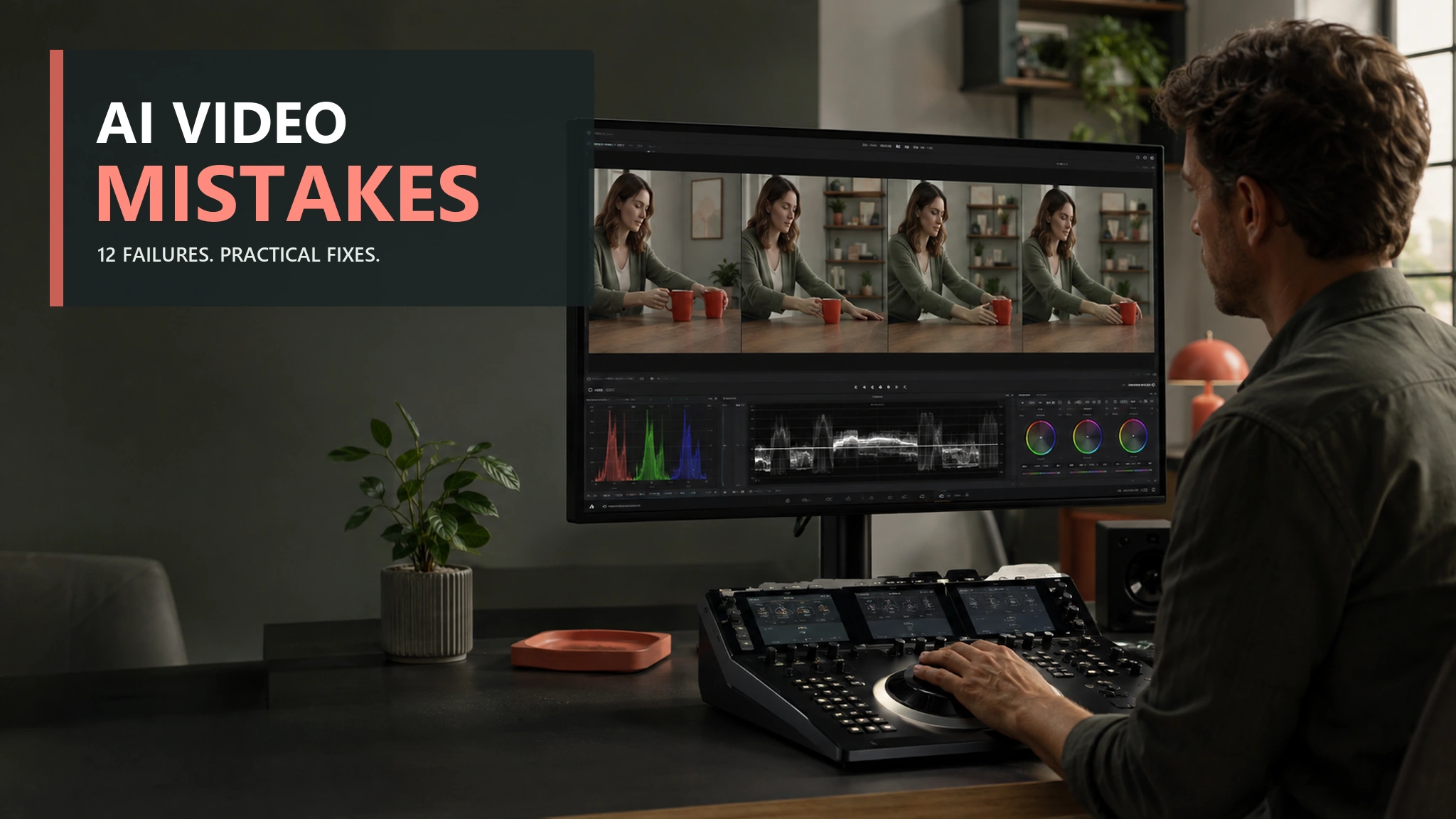 Video editor reviewing duplicated objects and continuity errors across an AI-generated sequence