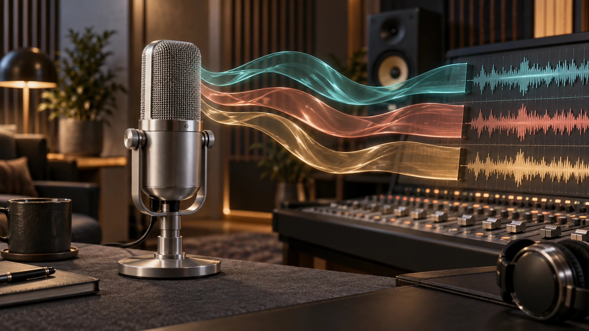 Studio microphone with colorful audio waveforms flowing into a mixing console