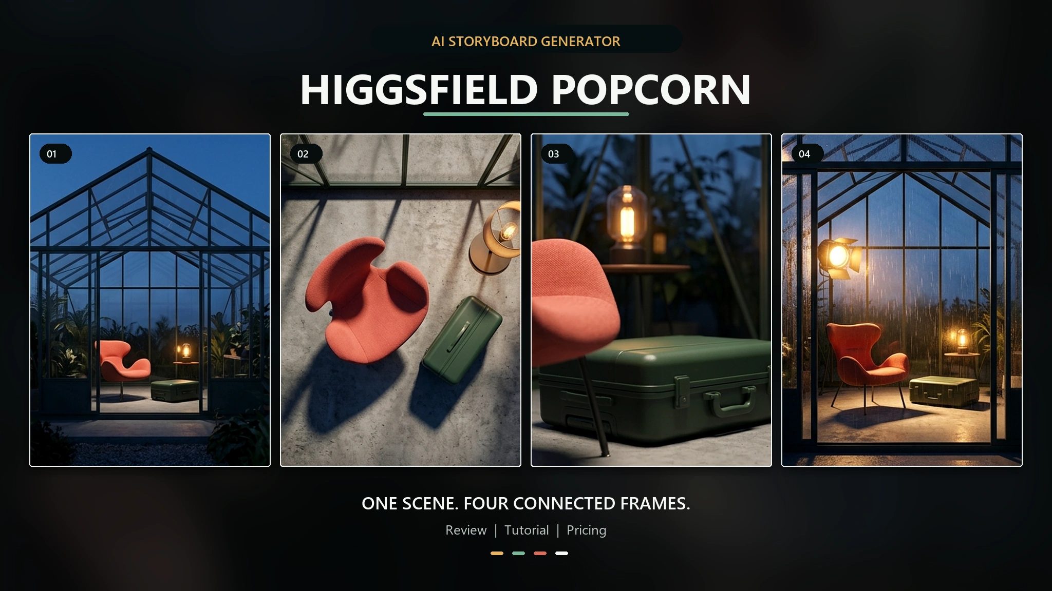 Higgsfield Popcorn AI-storyboard met één doorlopende scène verdeeld over vier frames