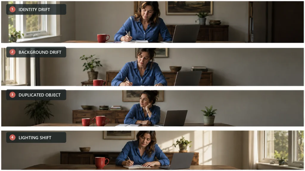 Four common AI video mistakes: identity drift, background drift, duplicated objects, and lighting shifts