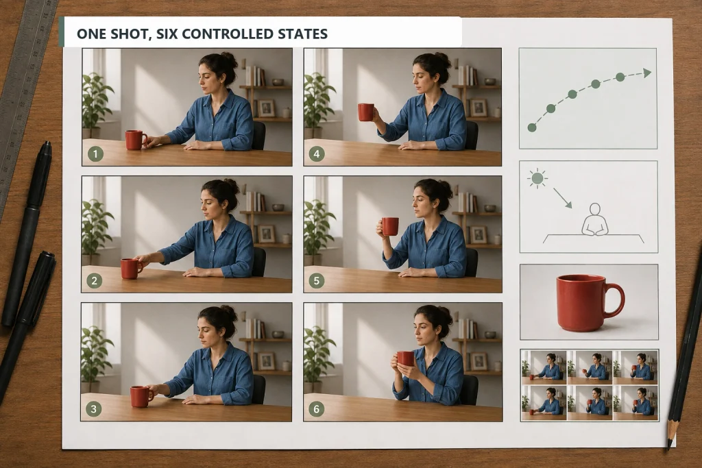 Six controlled storyboard states for a woman lifting a red mug