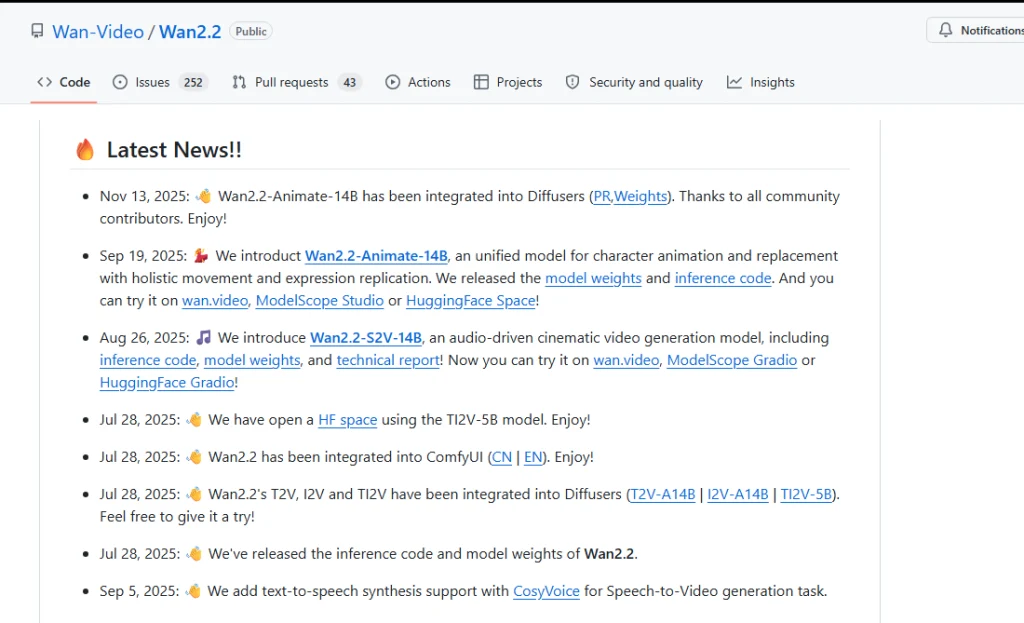 Official Wan2.2 repository noting ComfyUI integration
