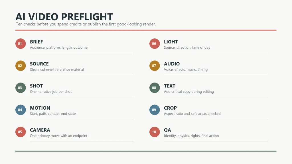 Ten-point AI video preflight checklist for planning, generation, and publishing