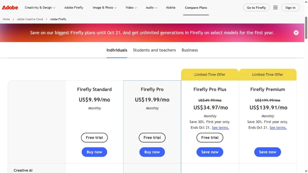 Adobe Firefly individual plans showing Standard, Pro, Pro Plus, and Premium monthly prices