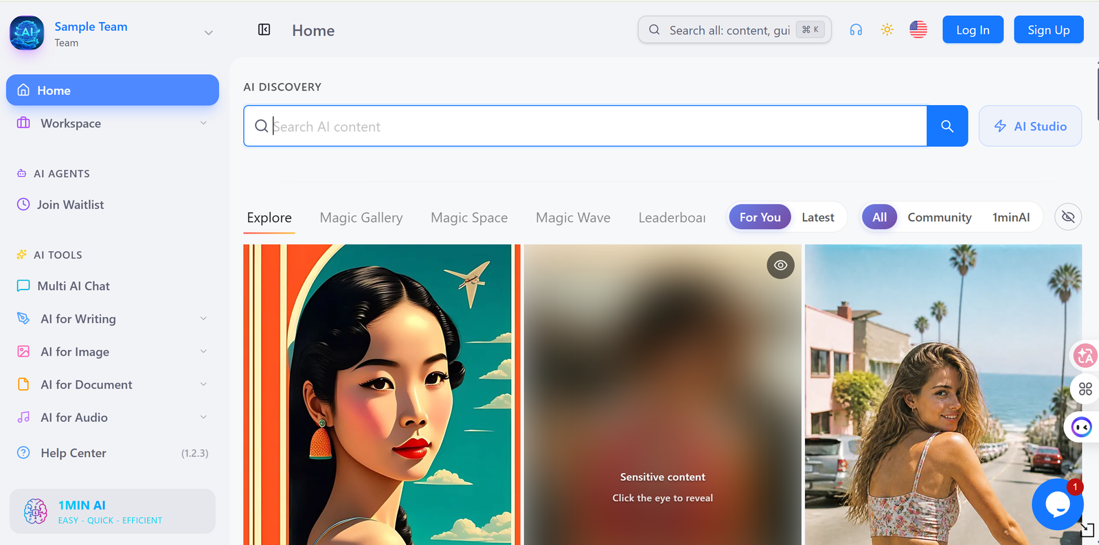 1min.AI dashboard with Multi AI Chat, writing, image, document, and audio tools