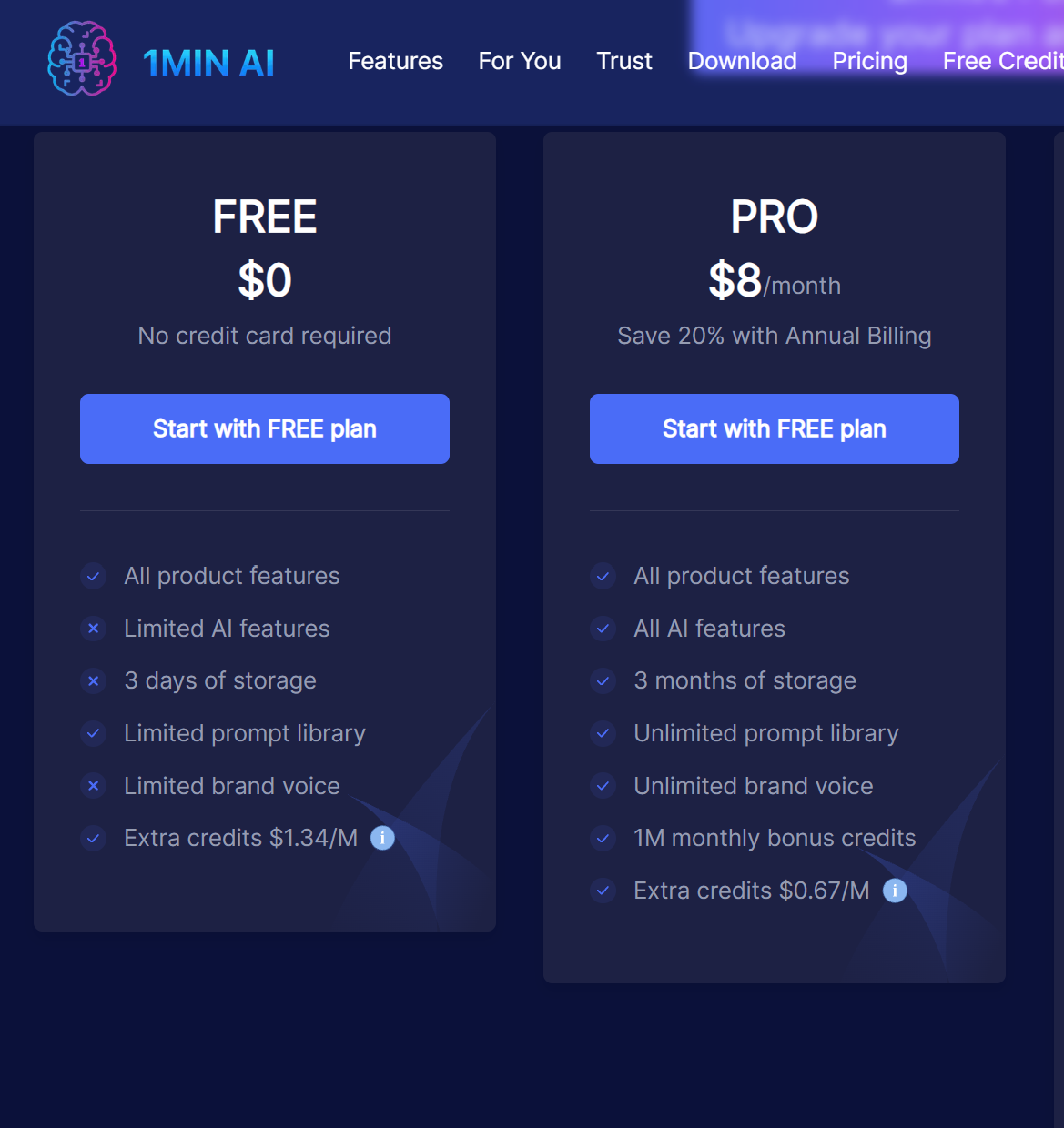 1min.AI Free and Pro plans showing prices and feature limits