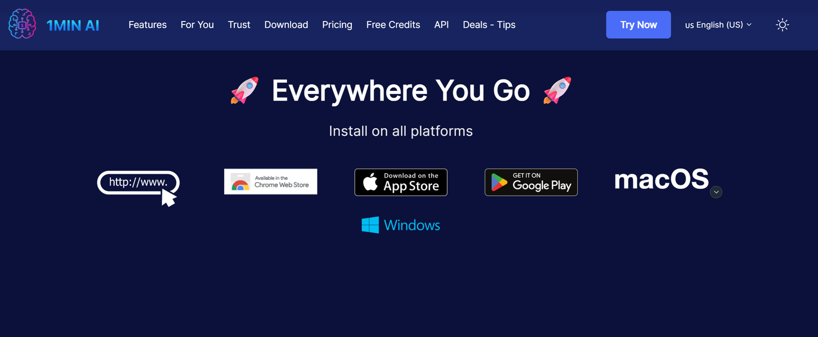 1min.AI download page listing web, Chrome, iOS, Android, macOS, and Windows access
