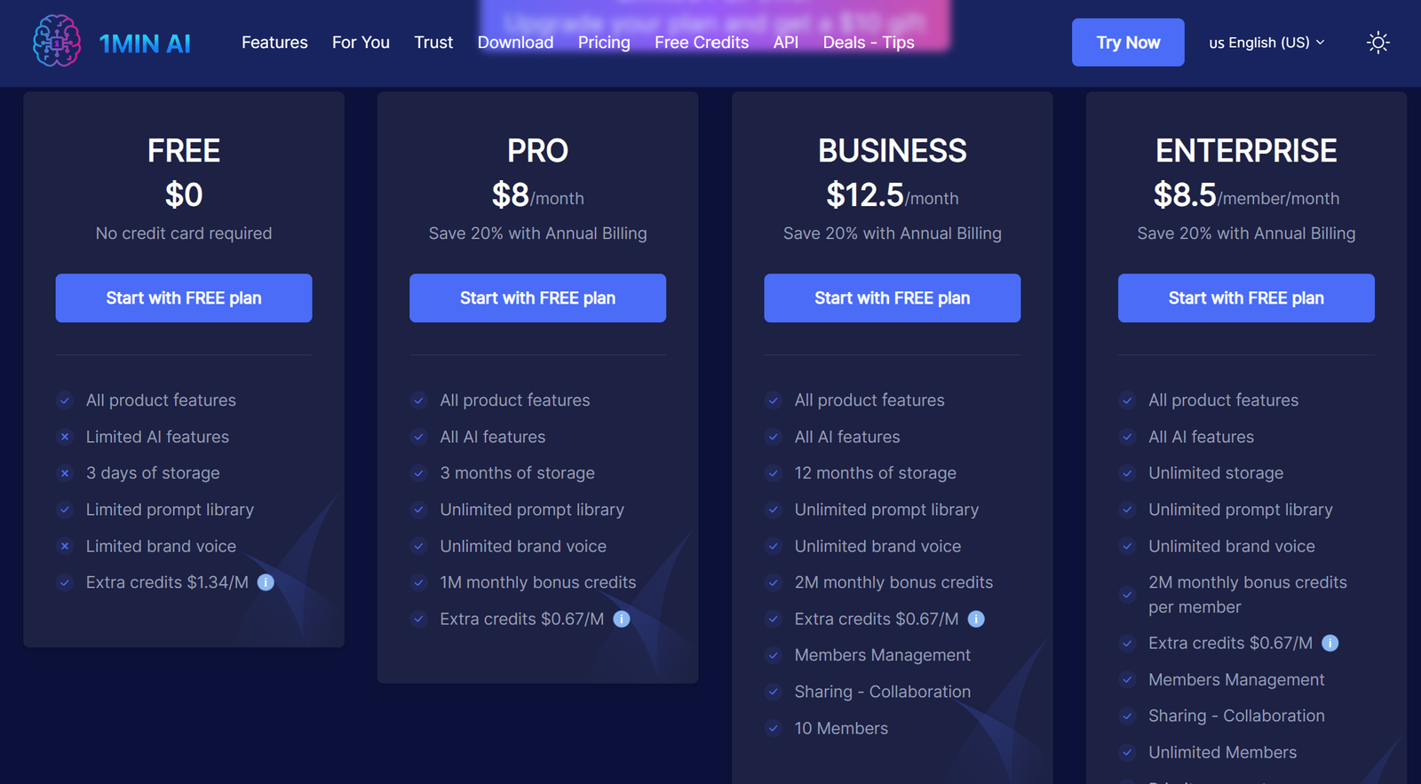 1min.AI Free, Pro, Business, and Enterprise pricing cards