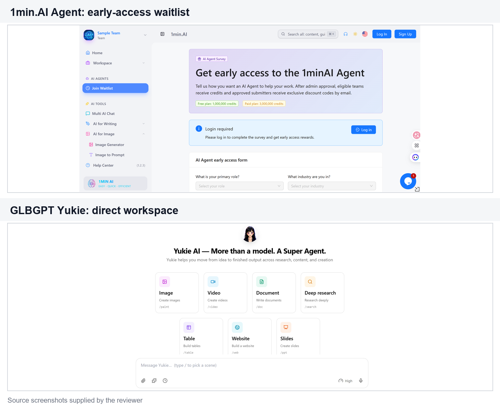 1min.AI Agent early-access waitlist compared with the directly accessible GLBGPT Yukie workspace