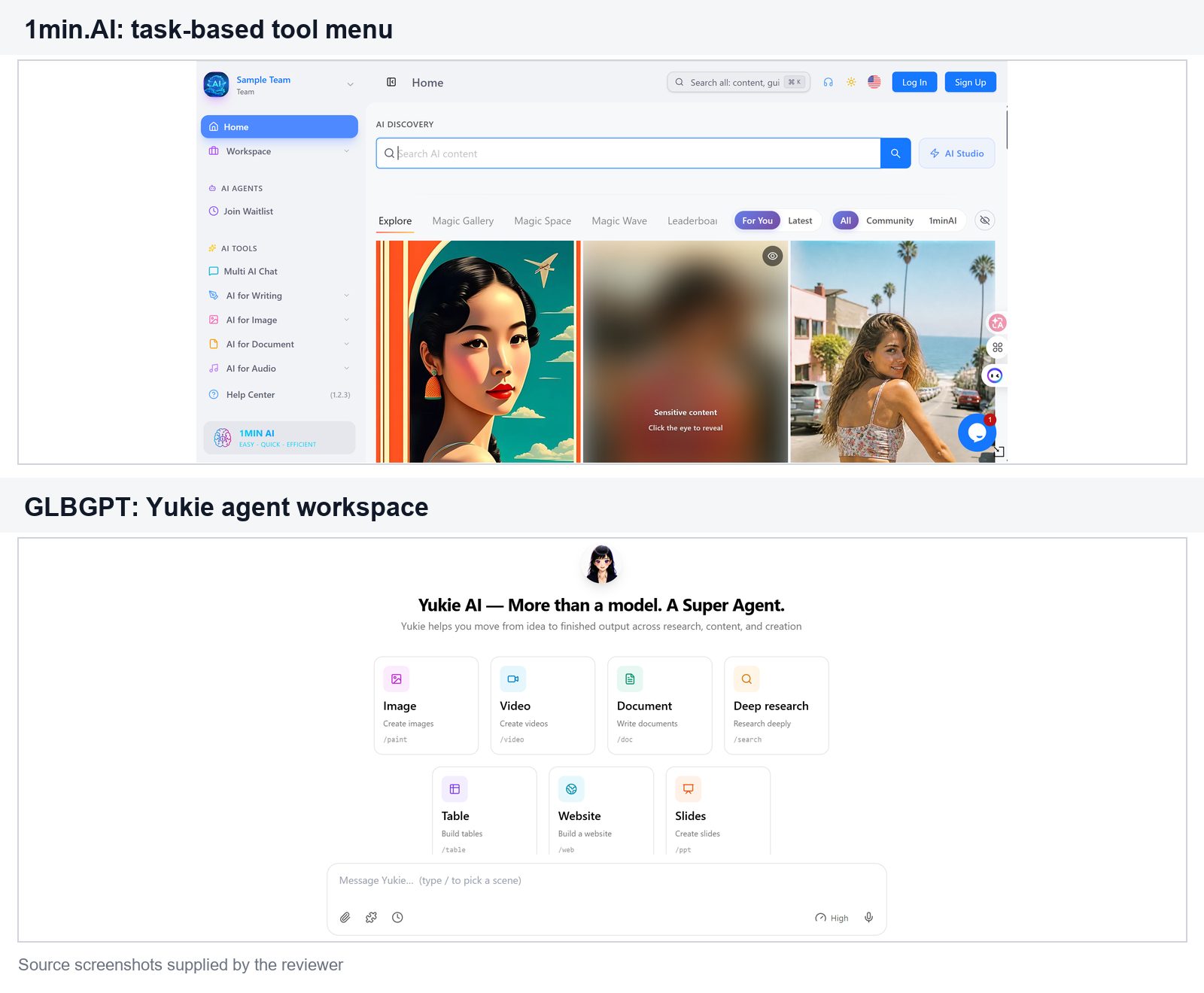 1min.AI task dashboard compared with the GLBGPT Yukie Agent workspace