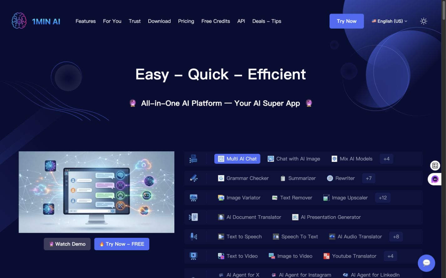 1min.AI homepage showing its all-in-one AI tools