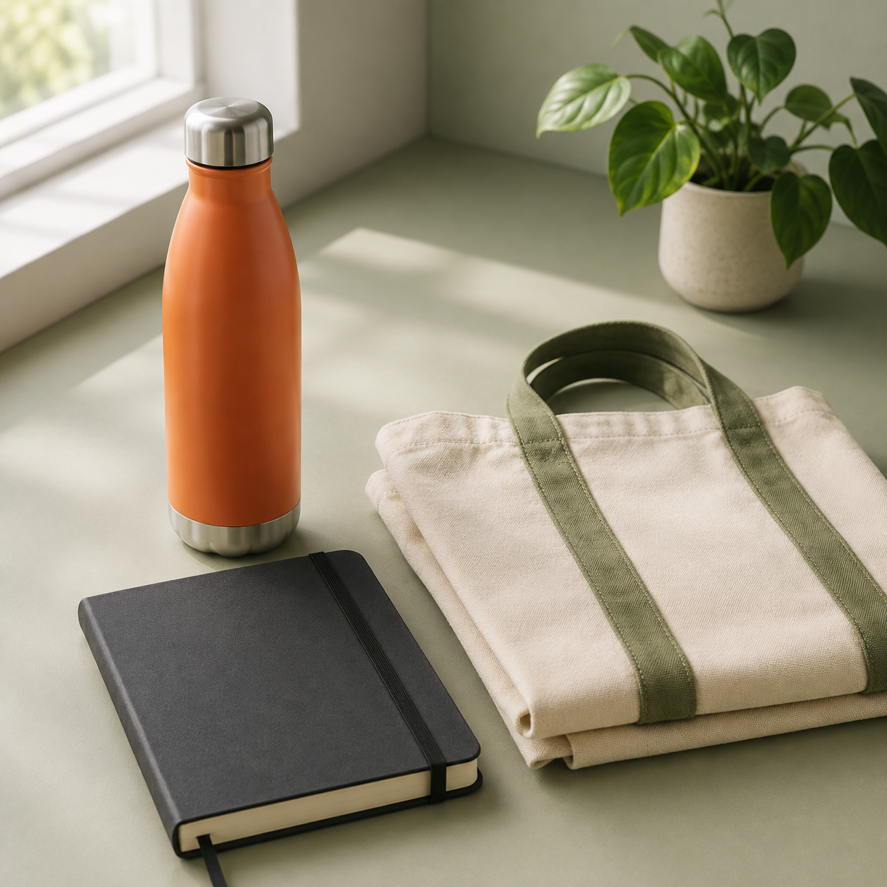 Orange insulated bottle, black notebook, and folded tote on a pale green desk