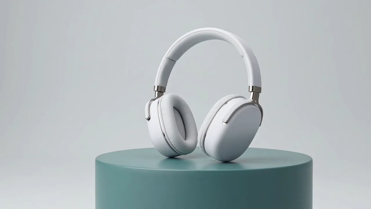 Unbranded white headphones on a muted teal pedestal in a clean generated studio shot.