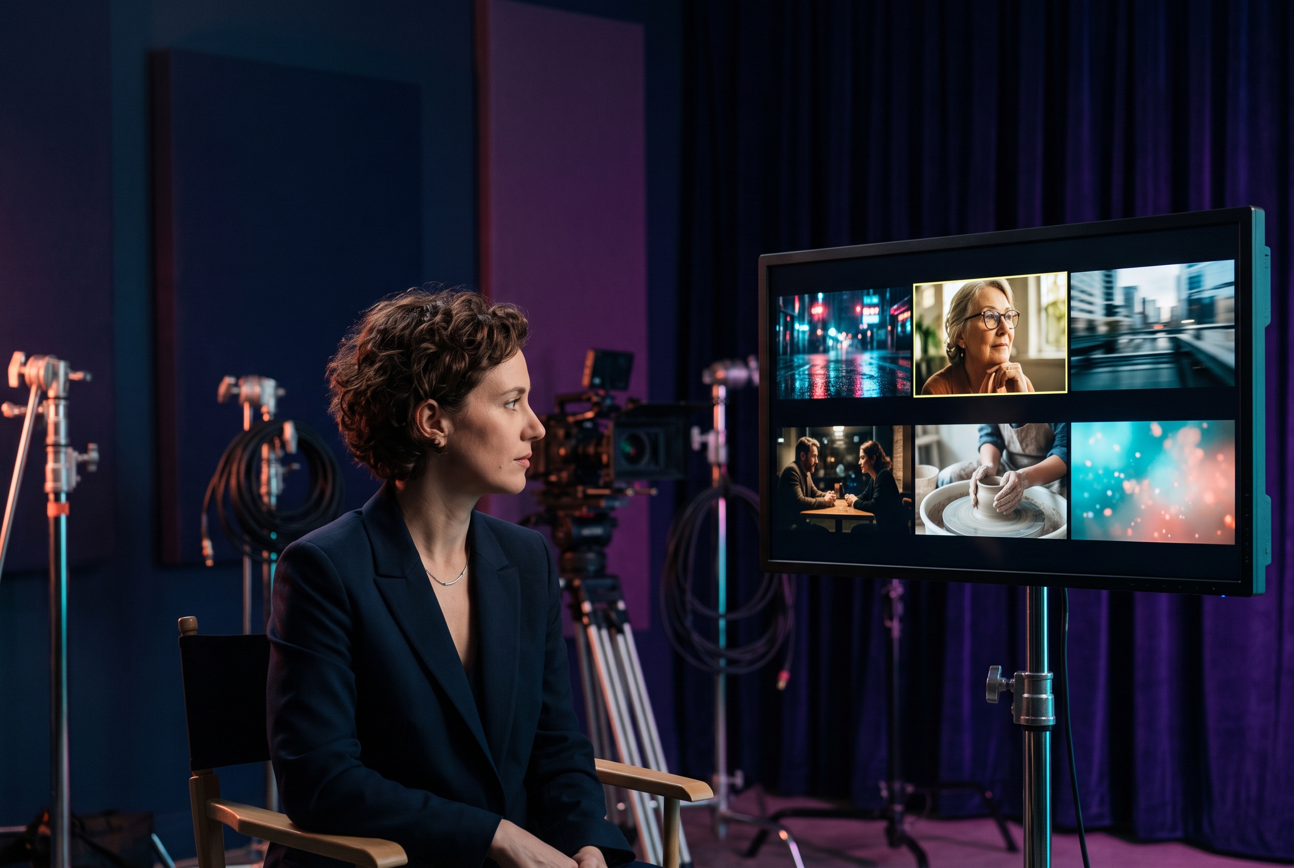 Director reviewing six AI video prompt adherence outputs on a cinematic monitor