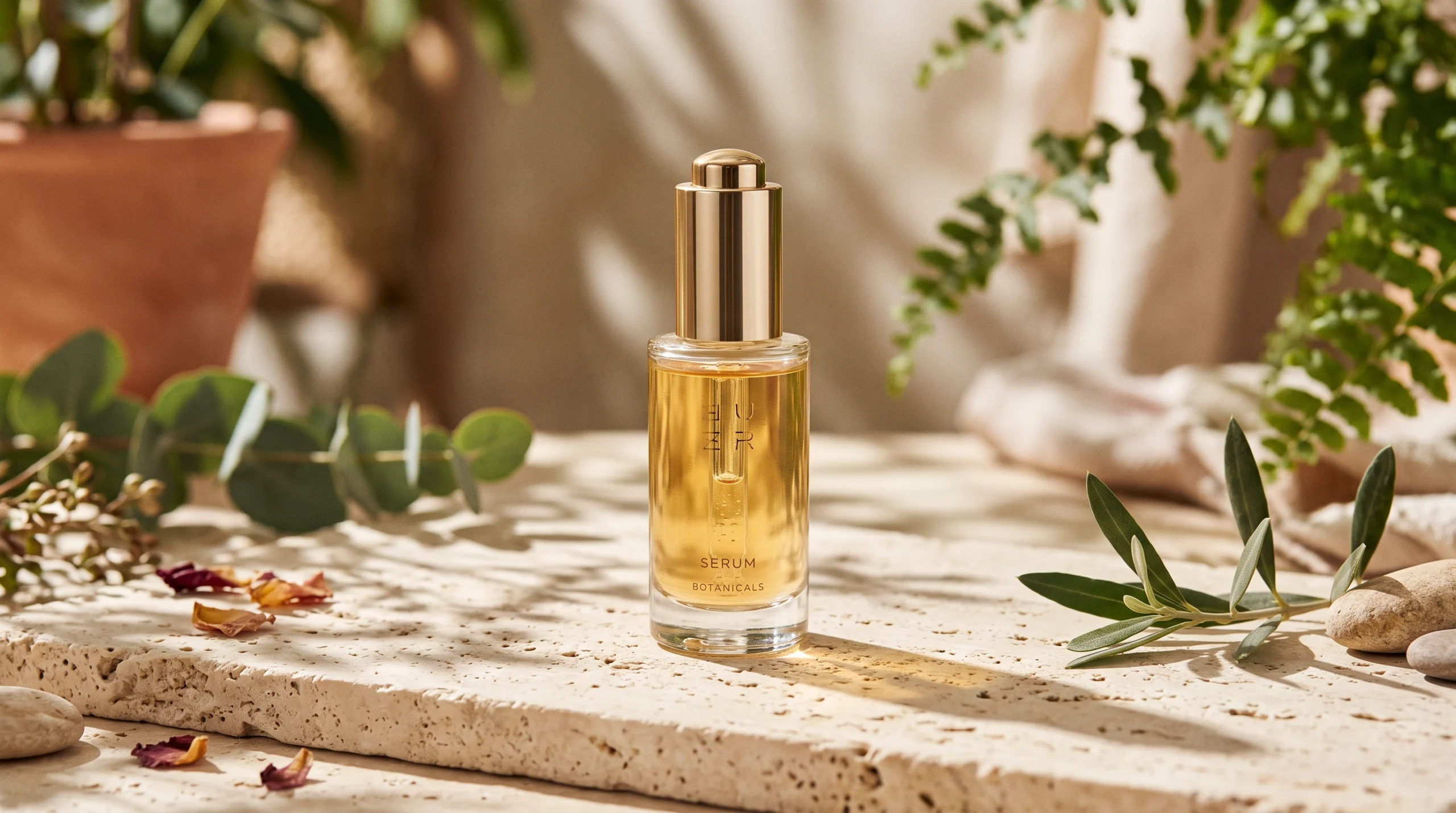 Horizontal AI-generated skincare concept with a serum bottle on travertine in warm botanical light