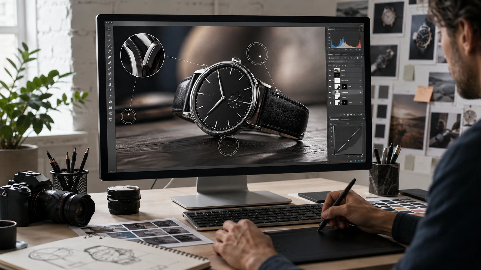 Horizontal conceptual image of a designer refining a luxury watch photograph on a large monitor