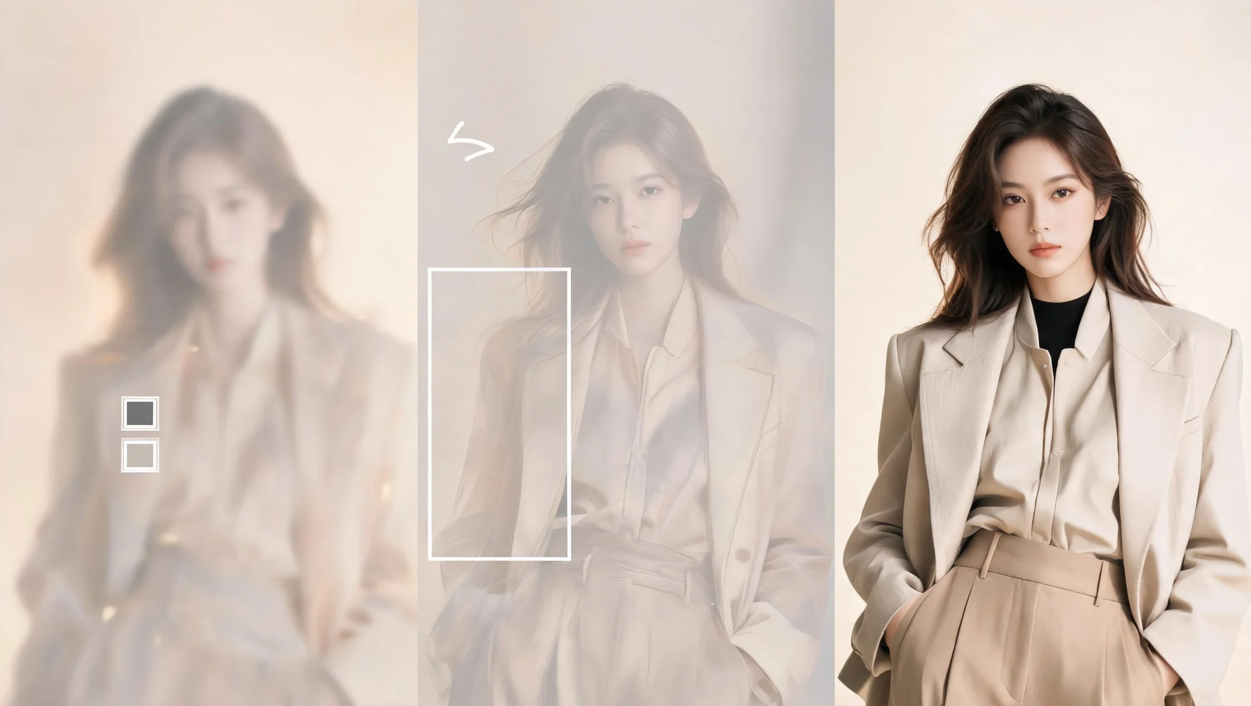 Horizontal three-stage conceptual portrait showing an image moving from a rough direction to a polished result