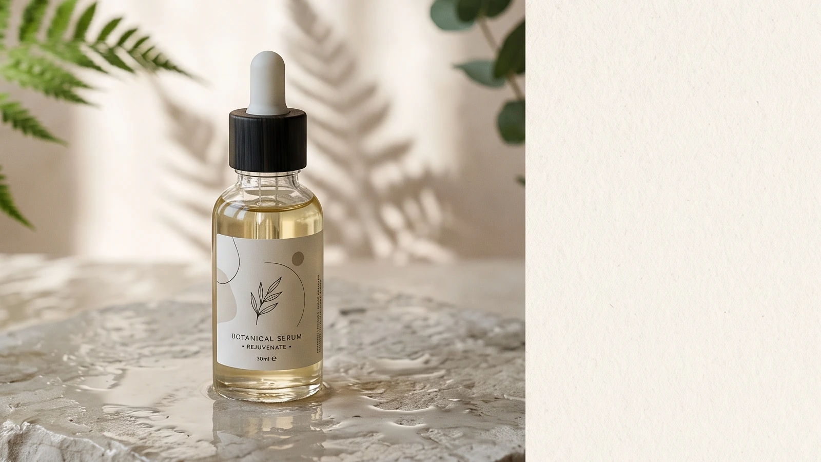 Horizontal crop of an AI-generated skincare concept with a serum bottle, botanical shadows, and warm natural light