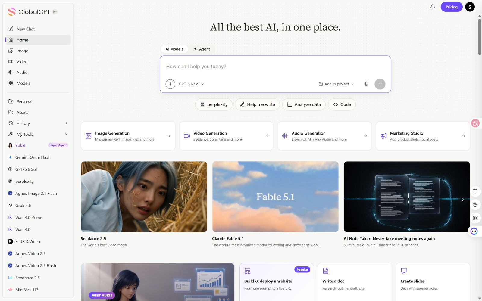 All-in-one AI dashboard showing chat, image, video, research, and agent tools