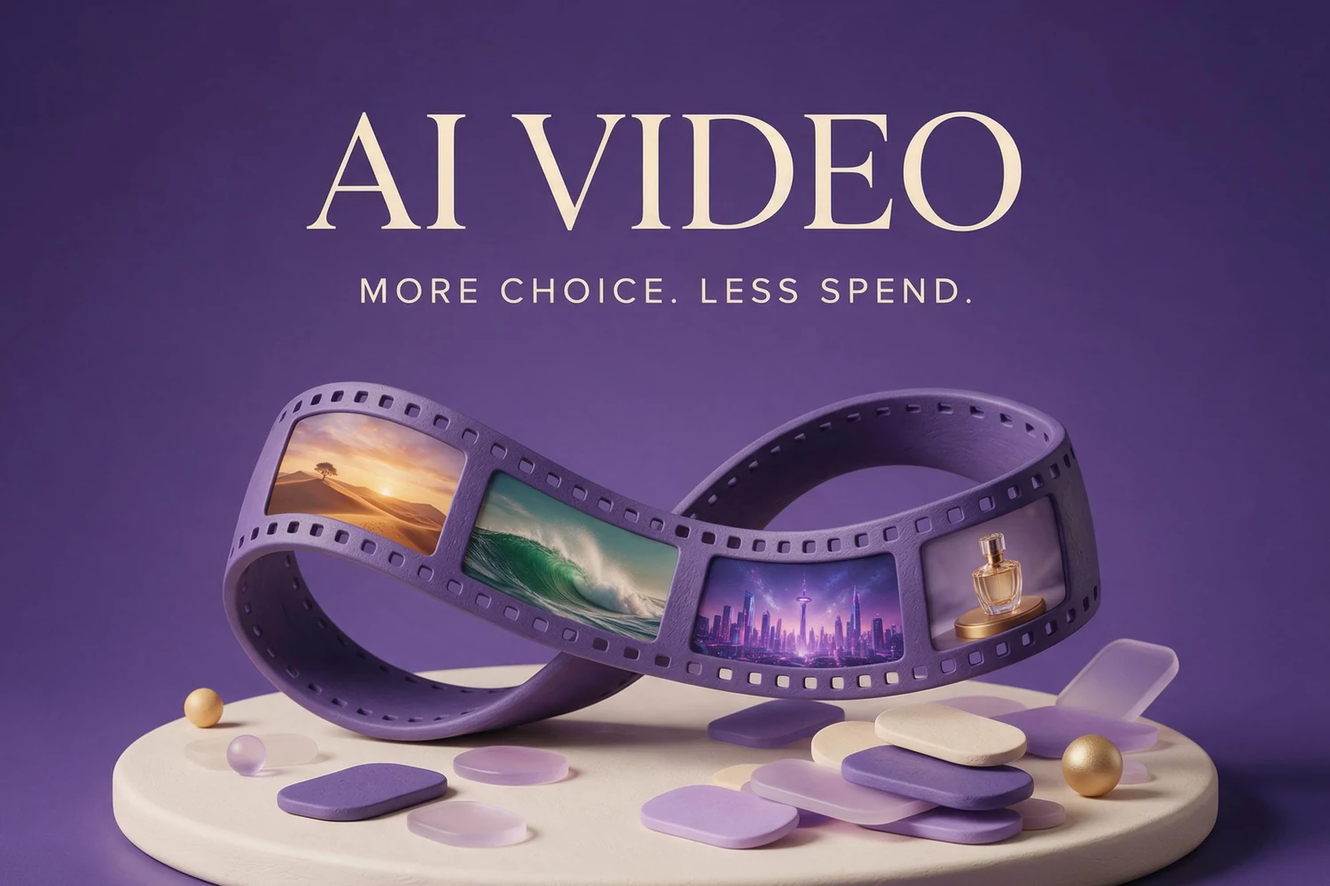 Purple infinity-shaped filmstrip with cinematic video scenes and the words AI VIDEO, More Choice. Less Spend.