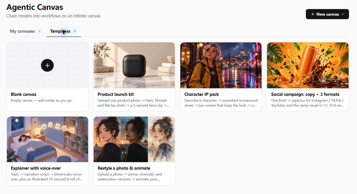 Agentic Canvas template gallery for product launches, social campaigns and explainers