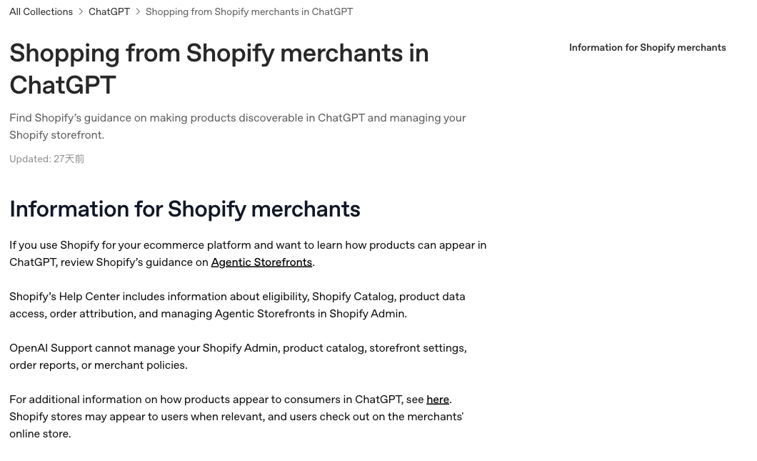 OpenAI explains that shoppers check out on Shopify merchants' online stores.