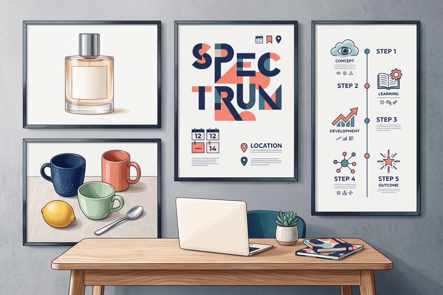 การจัดแสดงในสตูดิโอของขวดน้ำหอม โปสเตอร์งาน กาแฟและมะนาว รวมถึงอินโฟกราฟิก 5 ขั้นตอน.